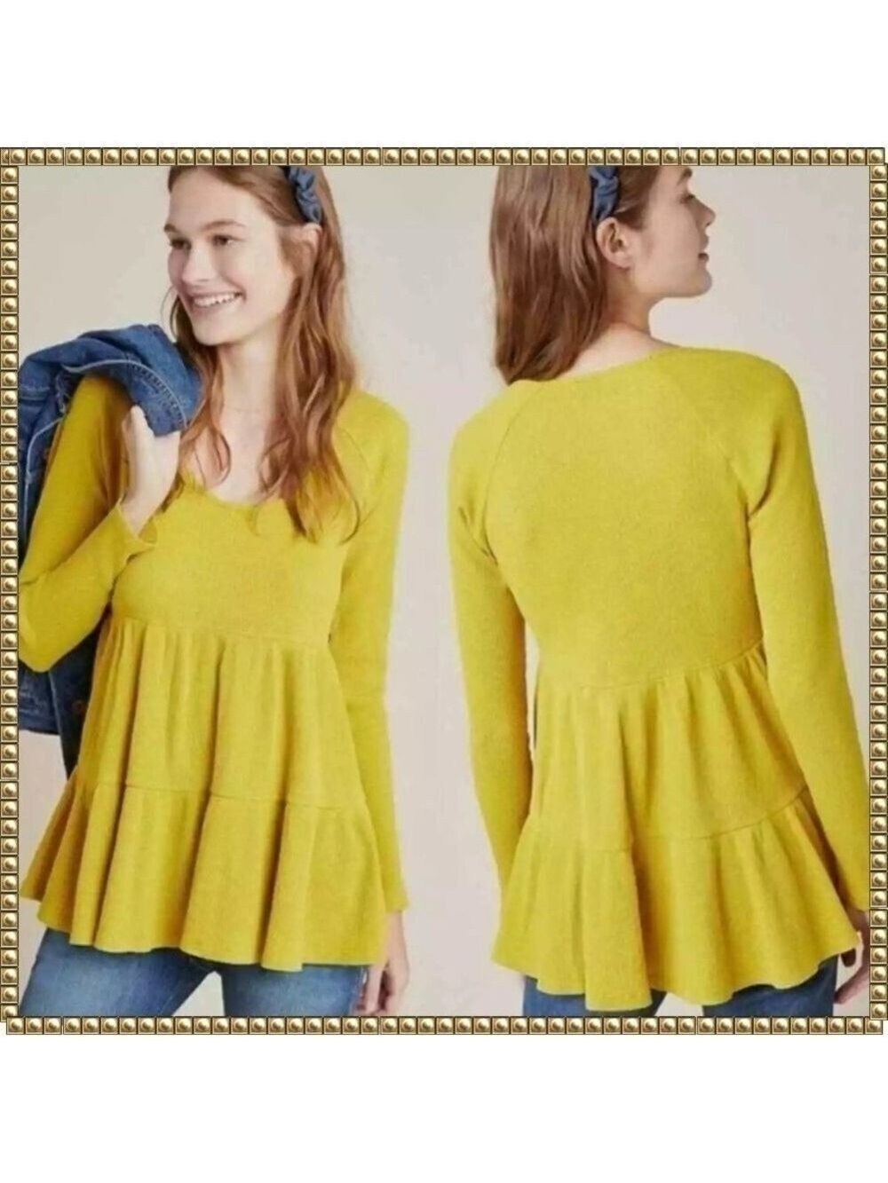 Anthropologie Maeve Mustard Waffle Knit Babydoll Top XS